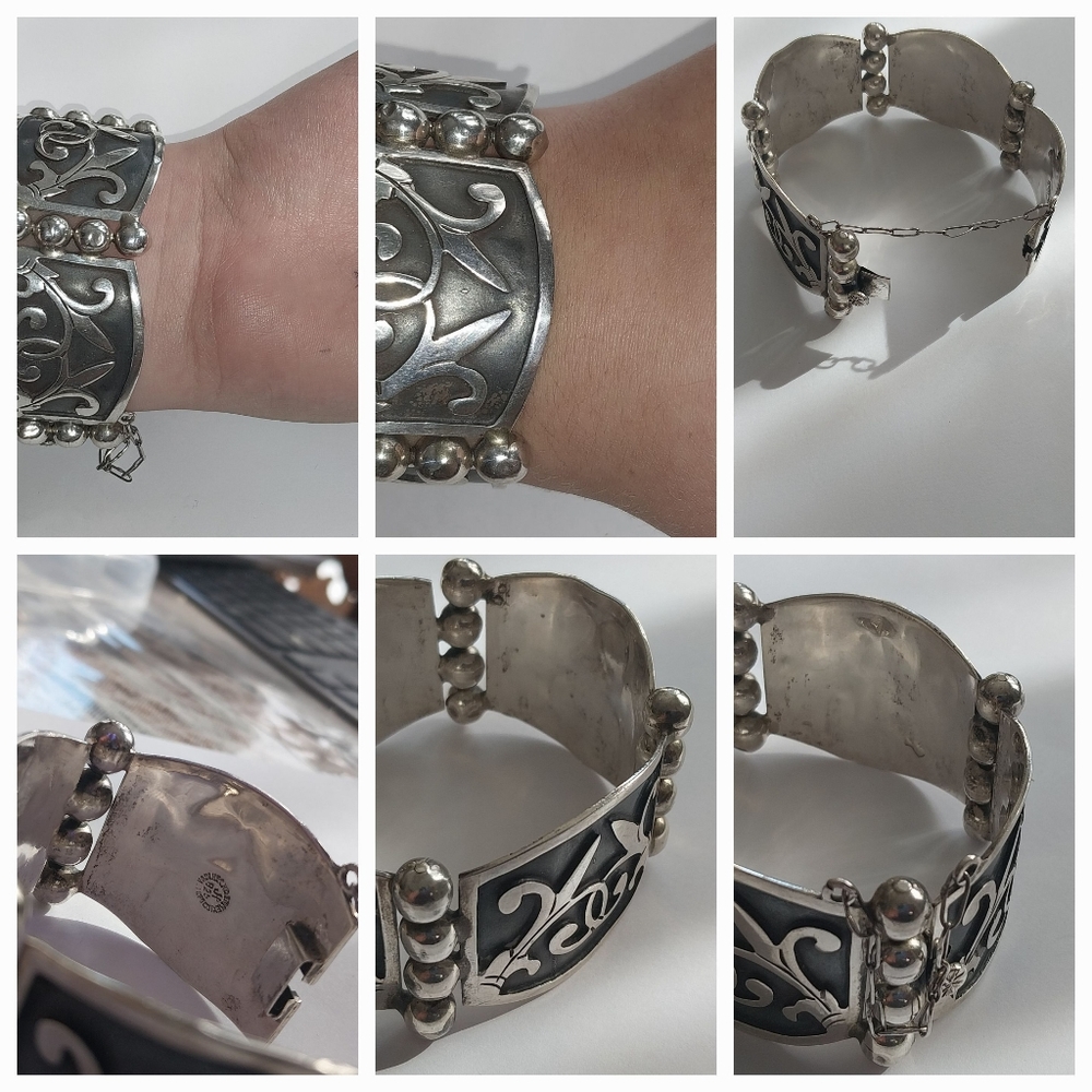 Vintage solid silver floral link panel bracelet